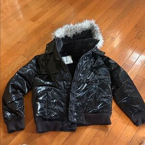 Abercrombie & Fitch Shiny Black Puffer Jacket with Faux Fur Hood